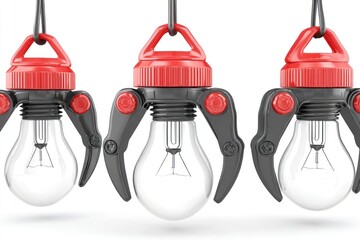 Three hanging light bulbs with robotic grippers