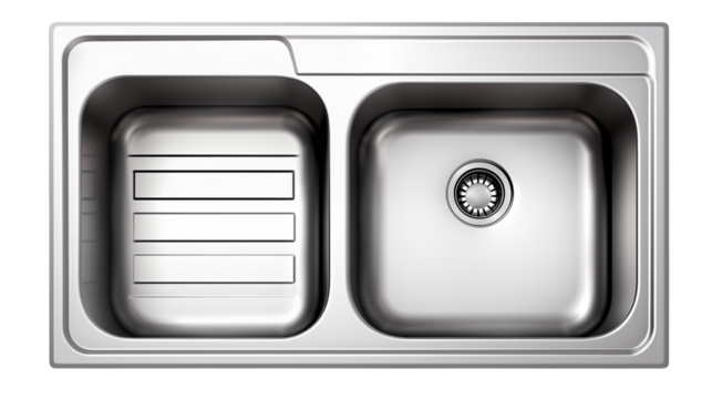 Modern stainless steel kitchen sink with drainer for sleek kitchen design and efficient food preparation on white and transparent Background	