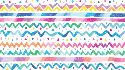  vibrant pattern featuring horizontal rows of colorful zigzag stripes and scattered dots on  white background.