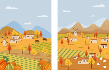 Rural landscape with farm village houses, trees and farm animals. Autumn harvest and rural life scene. Set of cards. Vector illustration