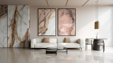 Modern Minimalist Living Room with Marble Wall Art and Neutral Furniture