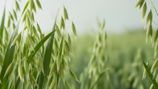 Close up of Green Oats Grain in a Field Agriculture and Farming Landscape in Soft Lighting