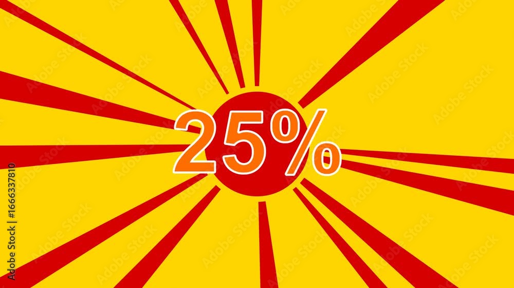 Poster 25 percent symbol on the background of animation from moving rays of the sun. large orange symbol in