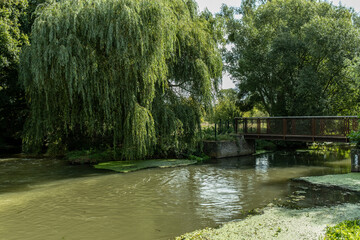 Br&uuml;cke &uuml;ber Fluss Erft bei Paffendorf mit Weide im Vordergrund