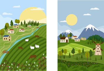 Set of illustrations with agricultural life. River with bridge, pastures with animals. Farm houses on the background of mountains. Concept of agriculture and natural beauty. Vector illustration