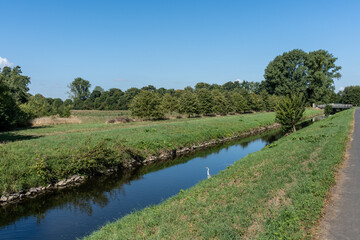 Ruhiger Flusslauf der Erft mit Reiher, Wiesen und Brücke im Hintergrund