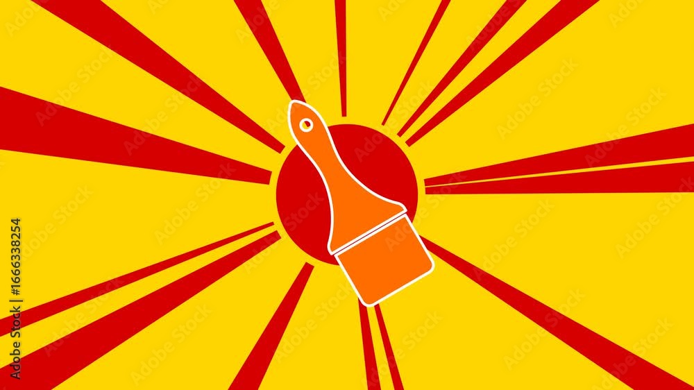 Poster paint brush symbol on the background of animation from moving rays of the sun. large orange symbol i