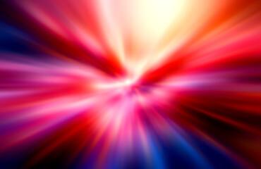 Vibrant radial light burst with swirling energy in red, pink, blue, and yellow hues.
