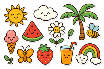 Cute summer sticker set. Kawaii cartoon characters with smiling faces. Sun, rainbow, palm tree, fruit, flower, bee, butterfly and ice cream. Vector doodle icon pack for kids.