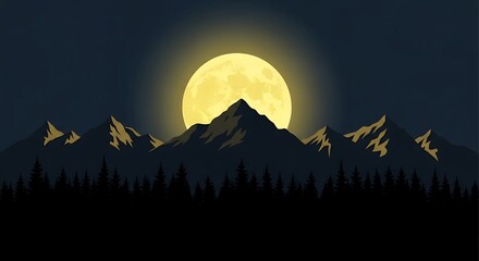 A digital illustration of a full moon shining brightly over a dark mountain range and silhouetted trees.