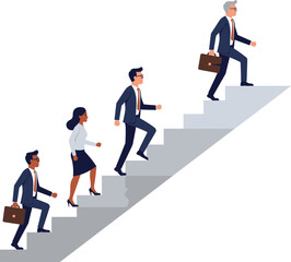 Fototapeta premium Diverse group of business people in suits climbing a staircase representing career growth and success.