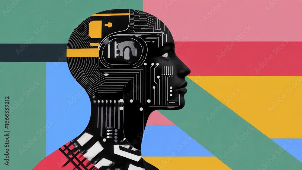 Poster profile of a futuristic robot with circuit patterns and vibrant colors