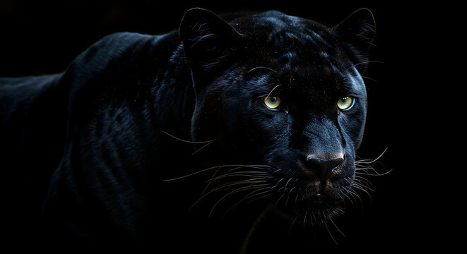Dramatic low-key portrait of a formidable black panther with hypnotic glowing eyes