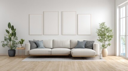 Naklejka premium Modern Minimalist Living Room with White Sofa and Green Plants