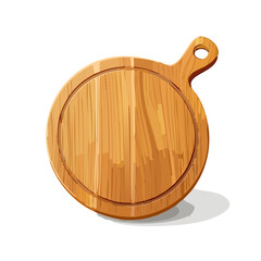 Cartoon wooden cutting board vector illustration for food preparation presentation display round shape with handle and light brown tones