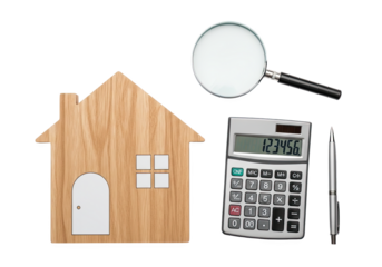 Wooden house model with magnifying glass calculator and pen for real estate investment analysis isolated on transparent background