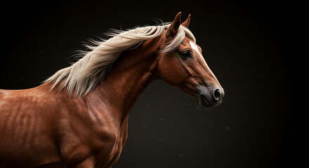 Obraz premium Majestic Chestnut Horse with Flowing Mane Against a Dark Background