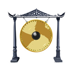 Ornate gong instrument with stand cultural musical tradition Asian decorative percussion sound