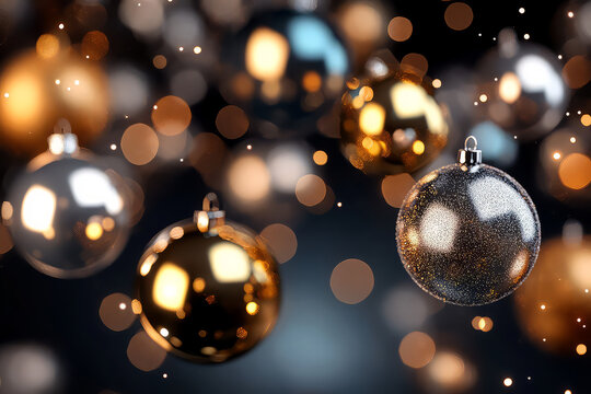 A festive array of christmas ornaments in gold and silver creating a bokeh effect background for holiday cheer