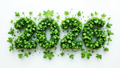 Obraz premium Elegant floral composition of the number 2026 created from lush green leaves and small white blossoms. Fresh, natural, and eco-friendly design concept for New Year