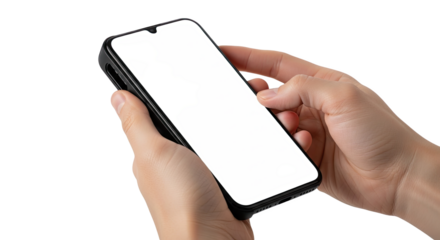 Close up of a person holding a modern smartphone with a blank white screen isolated on transparent background