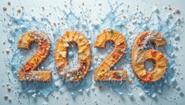 3D 2026 in orange color with water splash - new year 2026 - Powered by Adobe