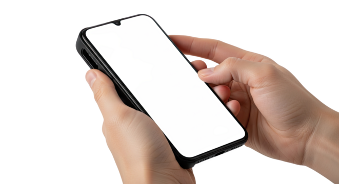 Close up of a person holding a modern smartphone with a blank white screen isolated on transparent background