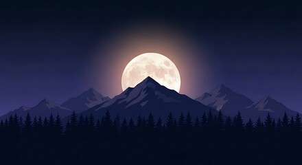 A full moon rises behind a silhouetted mountain range, with a dark forest in the foreground under a deep blue sky.