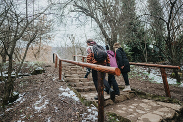 People hike in a winter forest, ascending stone stairs surrounded by bare trees and patches of snow, sharing an outdoor adventure in nature.