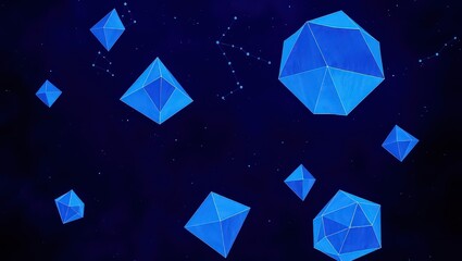 Floating blue geometric shapes against a dark blue background with scattered dots and connecting lines