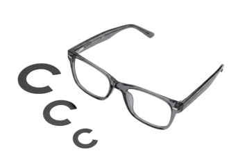 Optometry vision test chart with eye glasses and c optotypes isolated on transparent background