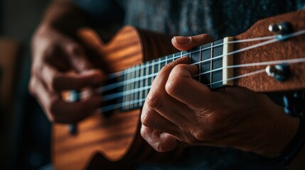 Obraz premium Ukulele Player. Closeup of Hands Strumming Acoustic Ukulele Guitar in Beautiful Concert Setting