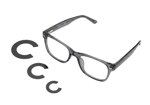 Optometry vision test chart with eye glasses and c optotypes isolated on transparent background