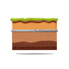 Cross section of ground with pipe line shows layers of soil and grass