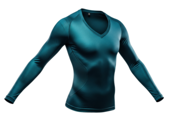 Deep teal iridescent V-neck long-sleeved compression top, precision-knit, dynamically posed on transparent background with soft studio light, high-performance athletic apparel concept