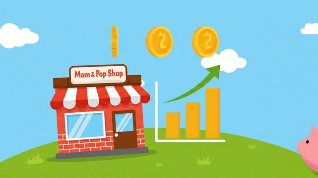Vector illustration depicting the economic success and rising revenue of a local family-owned retail shop