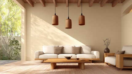 Modern Minimalist Living Room with White Sofa Wooden Coffee Table and Natural Light