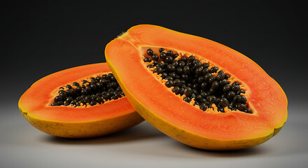 Juicy ripe papaya cut in half with black seeds on a dark background