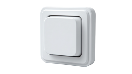 A white square electrical switch.  It has a slightly rounded edge design