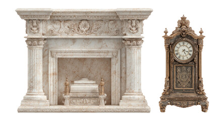 Fototapeta premium Elegant Marble Fireplace and Antique Clock on Transparent Background