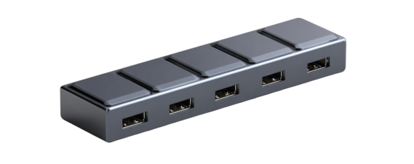 Gray rectangular device with five USB ports