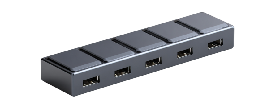 Gray rectangular device with five USB ports
