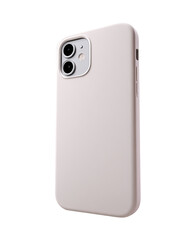 A light beige, smooth, protective phone case.  The case covers the entire back of a phone with a dual camera lens