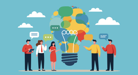 Team brainstorming, idea sharing, creative collaboration, innovation concept, speech bubbles, light bulb metaphor, problem-solving, teamwork, discussion, meeting