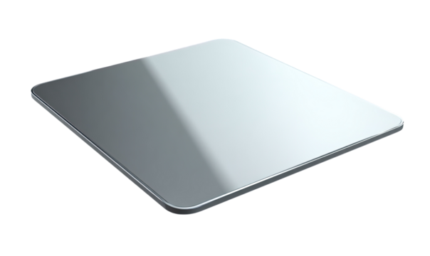 Square, reflective, metallic surface.  A flat, glossy, light-gray,  square slab of material.  Slight shading