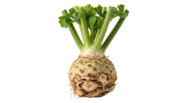 Isolated Fresh Celeriac with Green Stalks