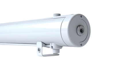 Close-up of a white cylindrical outdoor retractable awning component.  It features a round end cap, a small, centered hole, and mounting hardware