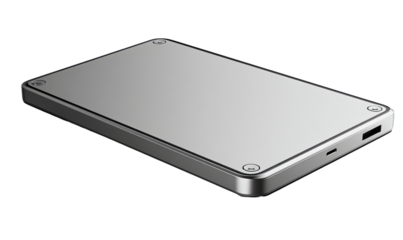 Sleek, silver portable hard drive, angled view.  Flat rectangular form factor, metallic finish, and visible mounting screws.  USB port subtly visible