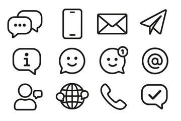 Communication line icon set vector. Digital messaging and contact icons. Chat, email, phone, and social media symbols for web and mobile app user interface design.