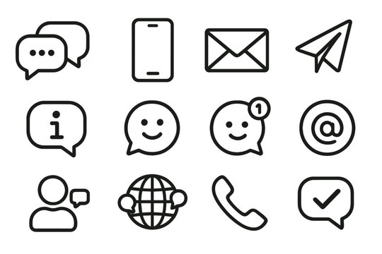 Communication line icon set vector. Digital messaging and contact icons. Chat, email, phone, and social media symbols for web and mobile app user interface design. - Powered by Adobe